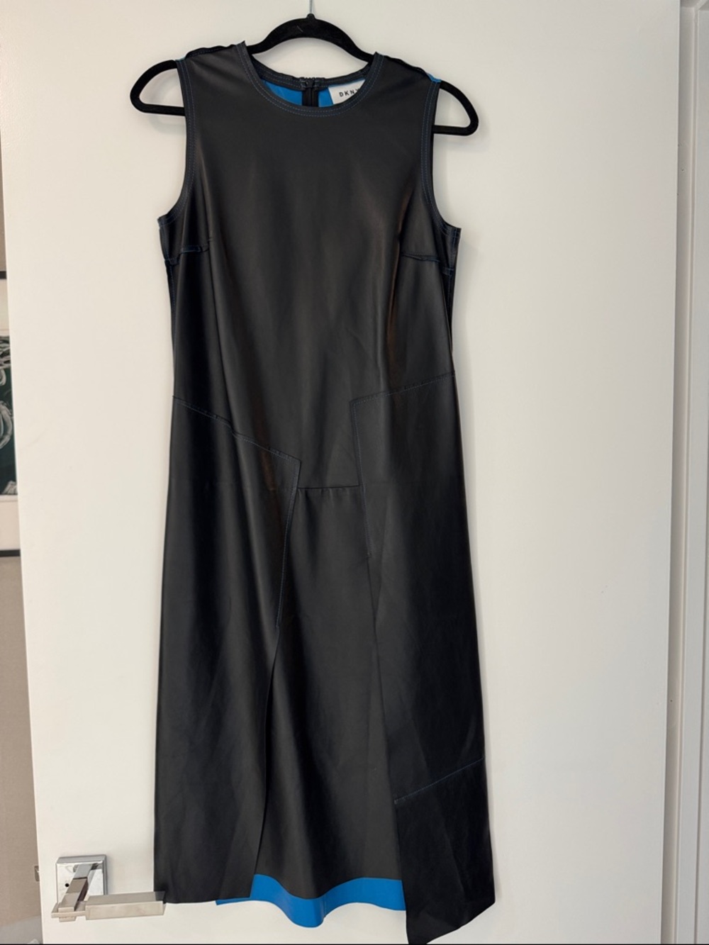 DKNY 100%lamb skin Black leather with blue stitching Midi Dress